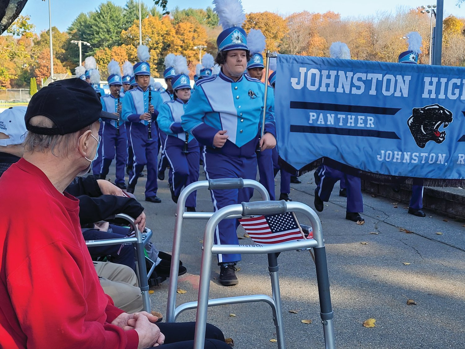 SKY SOLDIER: Veteran George M. was driven to Johnston Memorial Park on Wednesday for a Veterans Day Recognition Ceremony. He had a prime seat for the Johnston High School Marching Band performance.